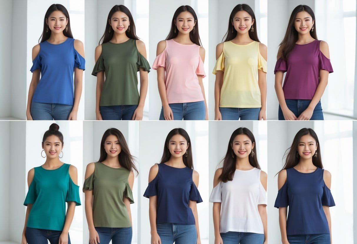 A group of women wearing various cold shoulder T-shirts posing together in a bright studio.