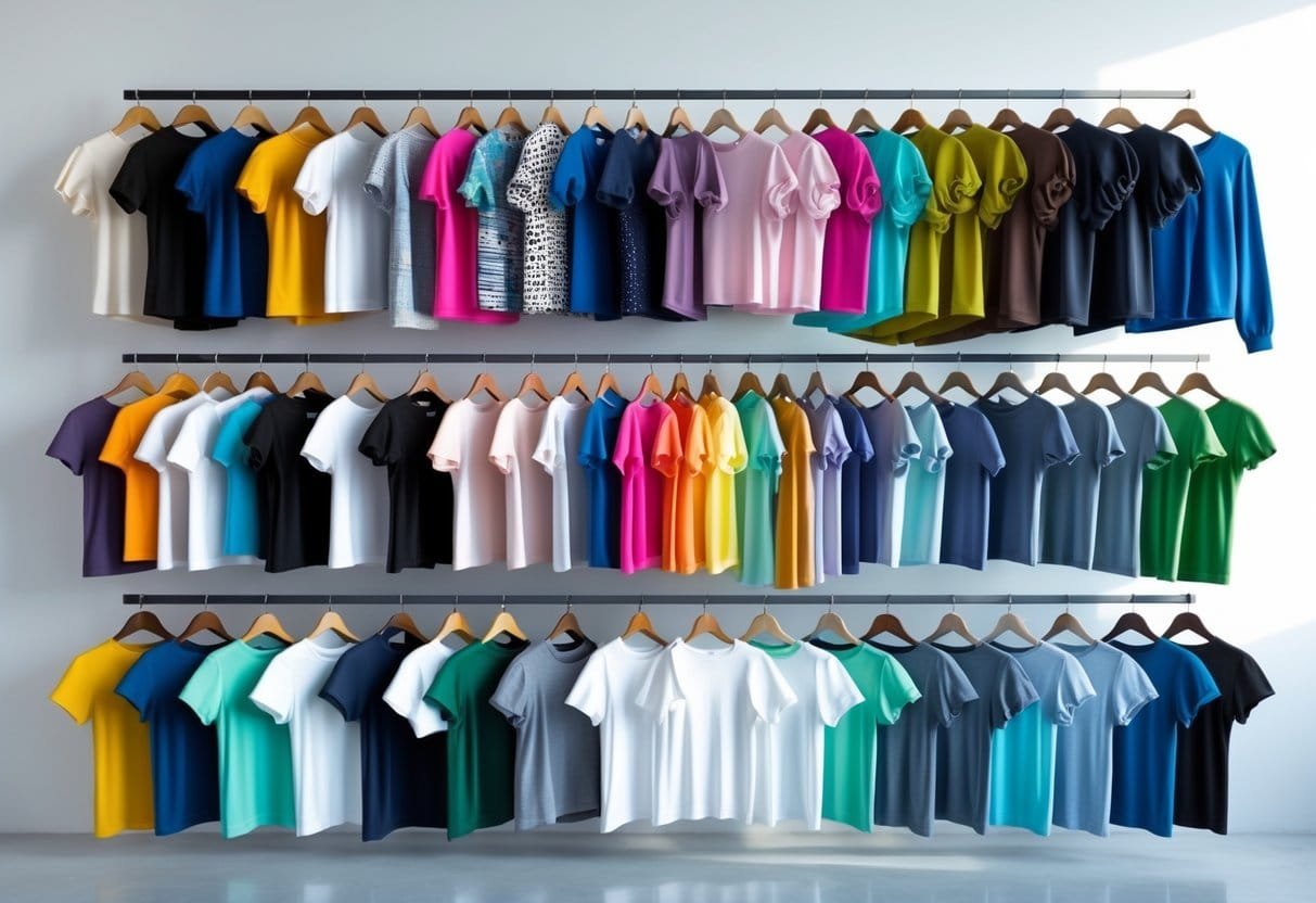 A collection of 28 different women's T-shirts including puff sleeve styles, displayed neatly on hangers and folded on a clean surface.