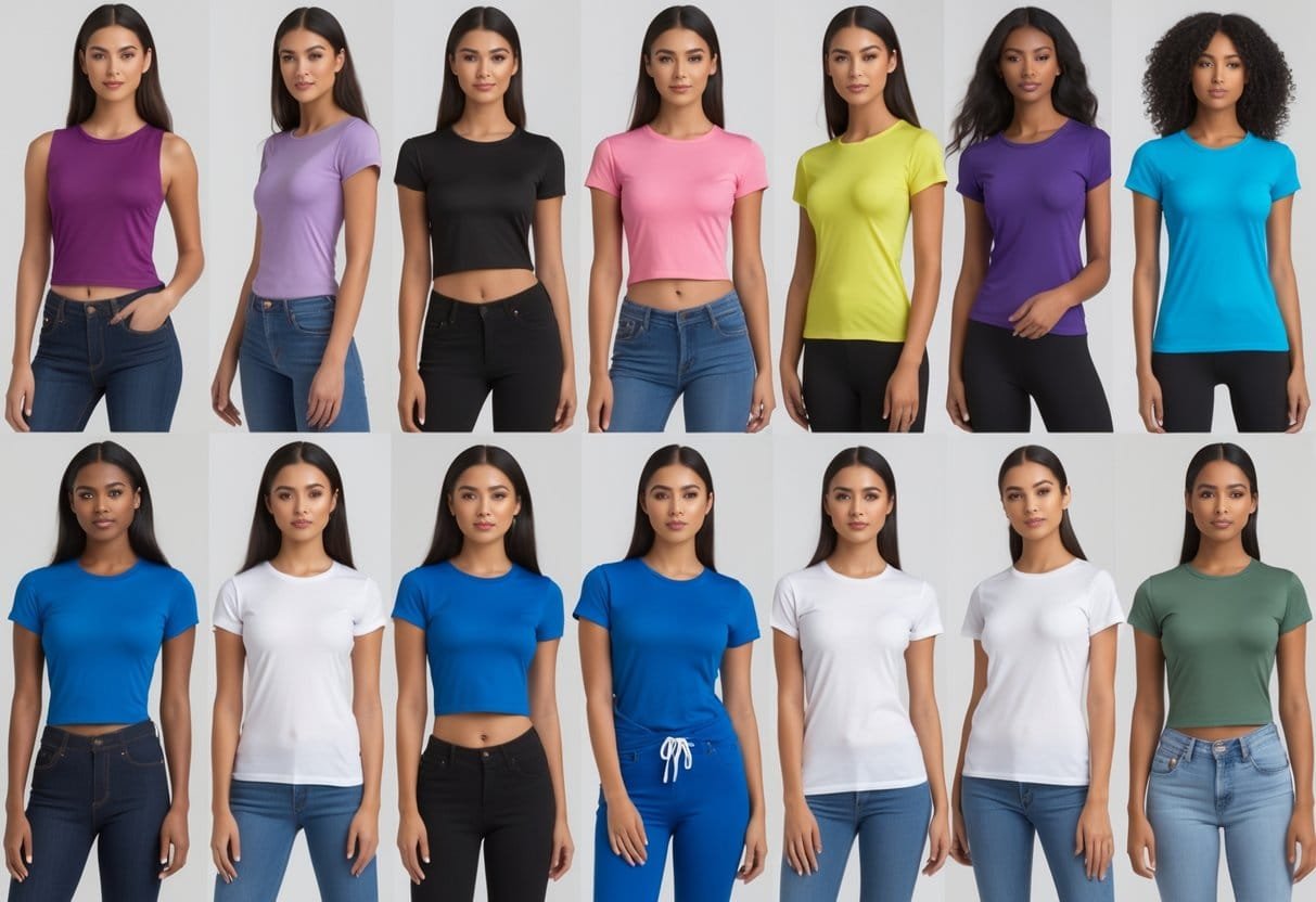 A group of women wearing various muscle tee shirts, posing together in a studio setting.
