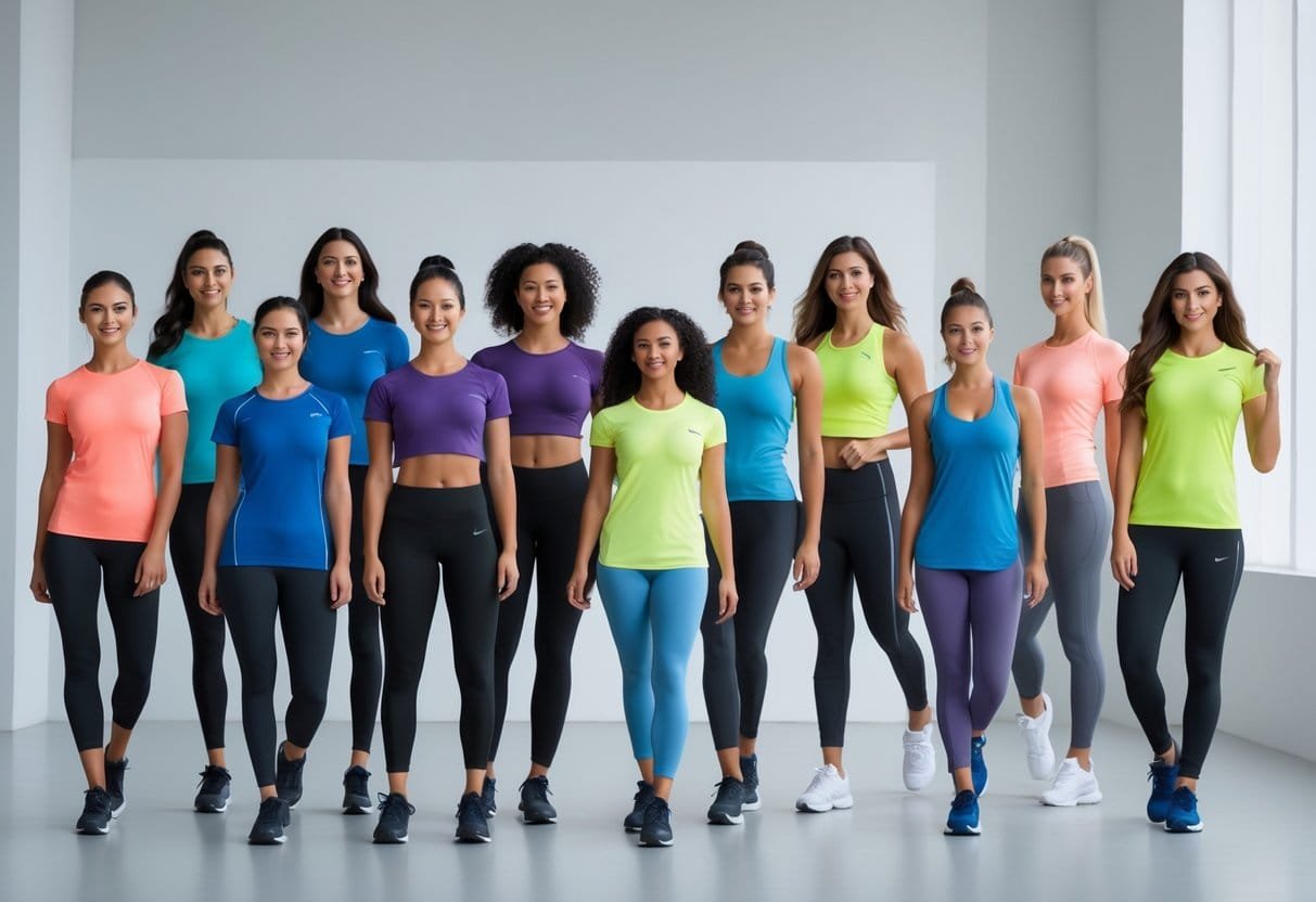 A group of women wearing different styles of athletic T-shirts posing together in a bright studio.