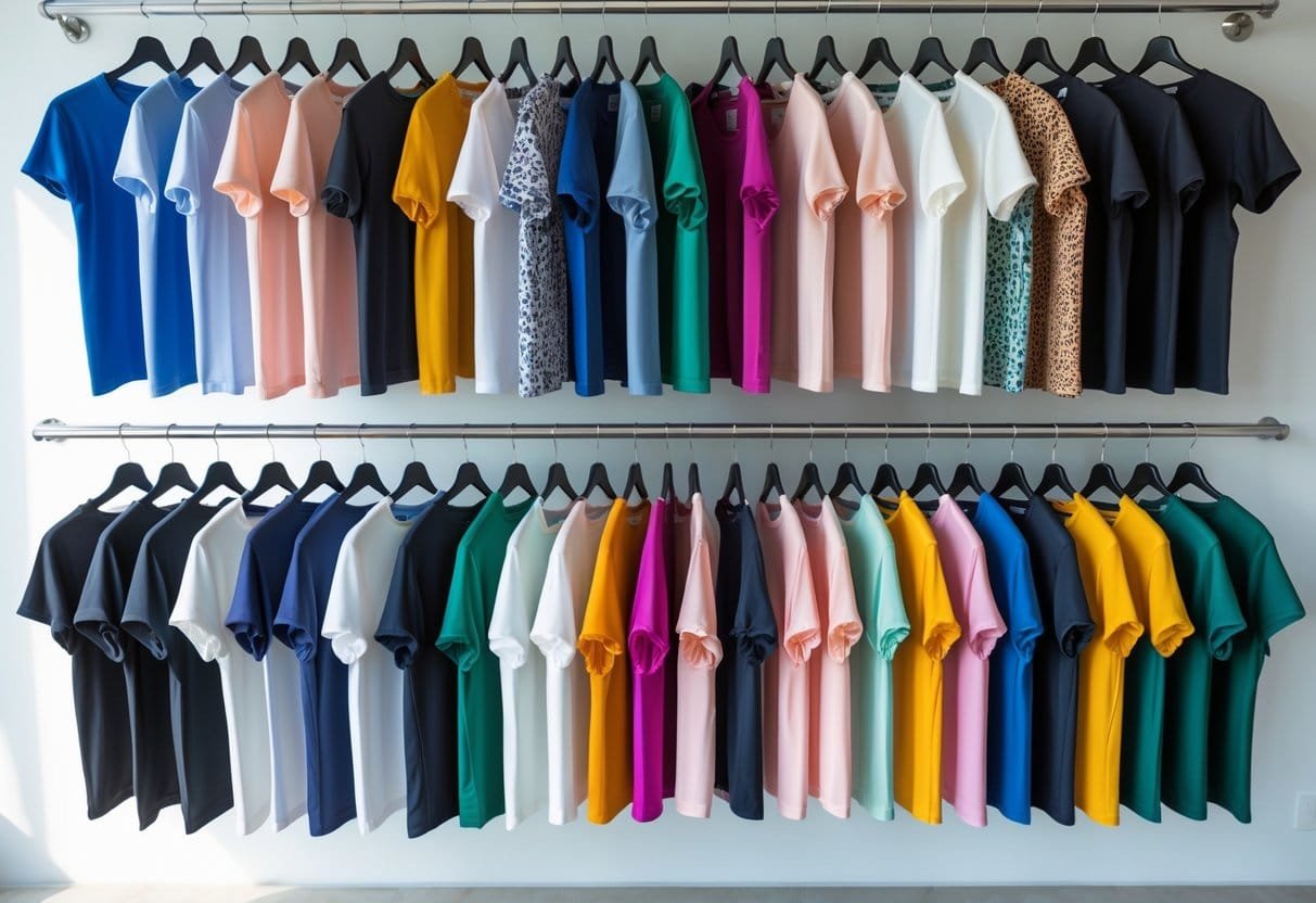 A collection of 28 different women's silk blend T-shirts in various styles and colors displayed neatly in a bright wardrobe.