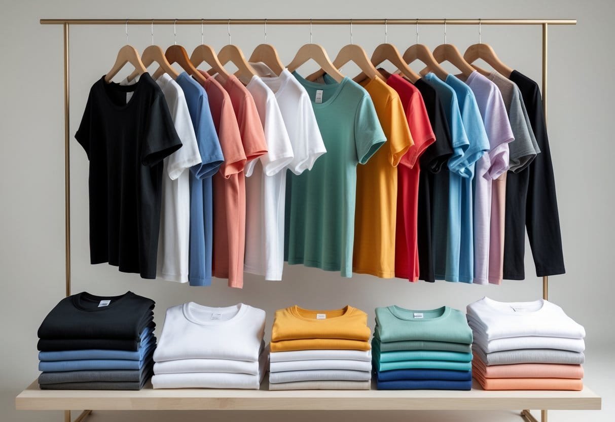 A variety of women's T-shirts in different styles and colors displayed on hangers and folded on a wooden surface.