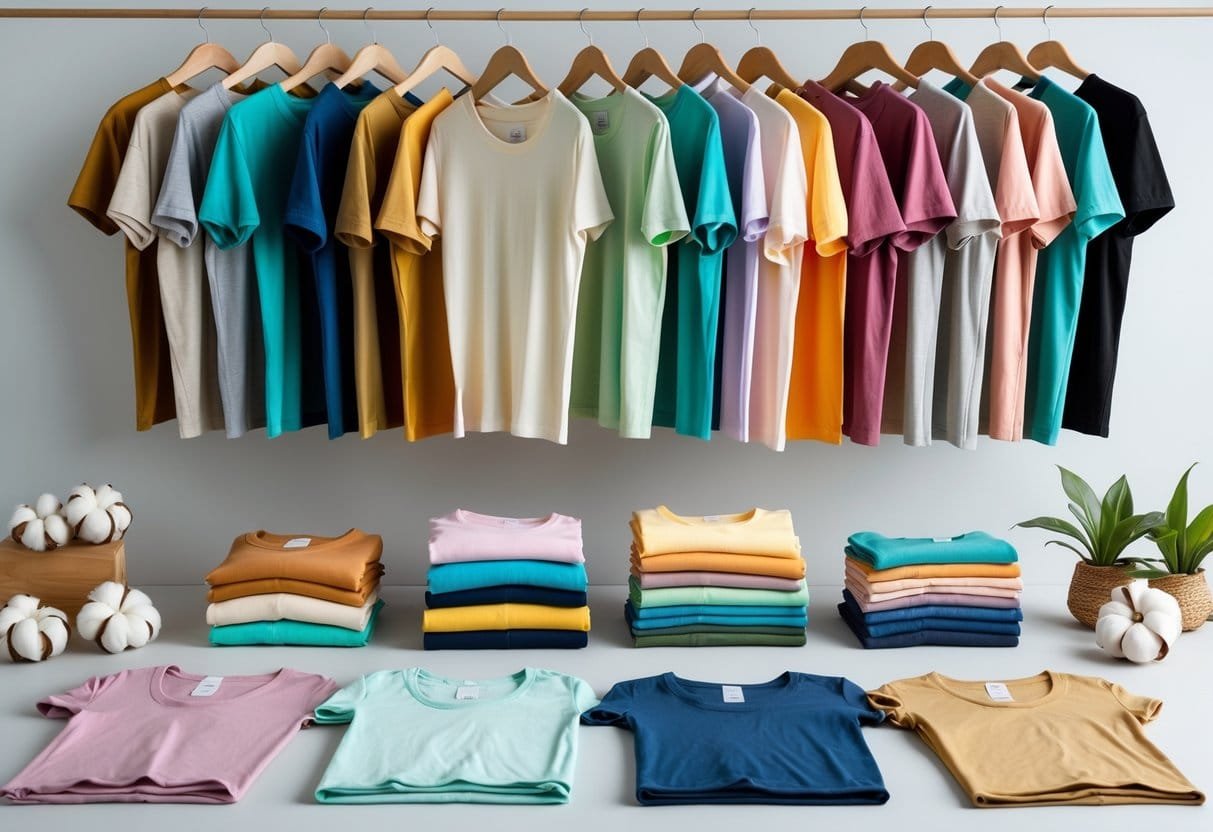 A display of 28 different women's organic cotton T-shirts in various styles and colors arranged neatly against a neutral background.