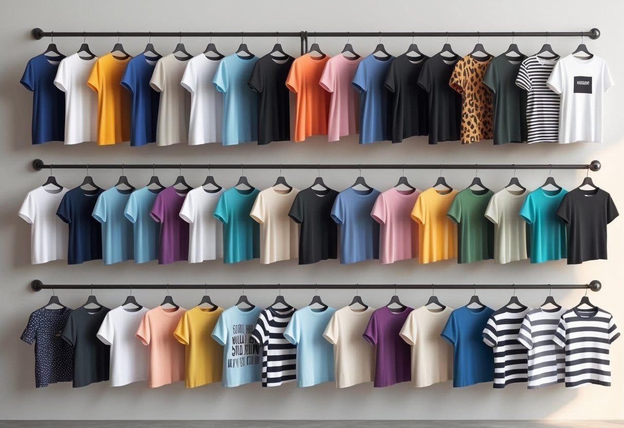 A collection of 28 different women's T-shirts displayed on hangers and mannequins against a plain background.