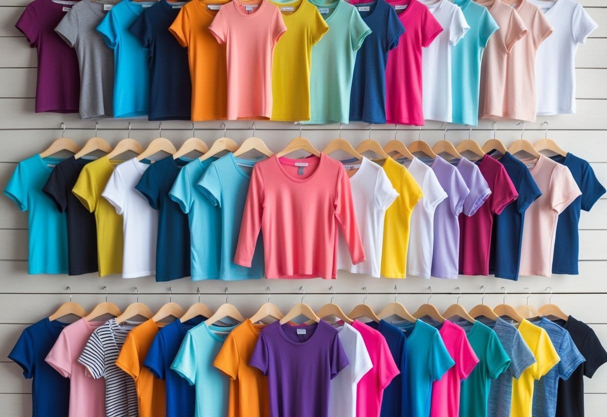 A collection of various women's t-shirts displayed neatly on a wooden surface with different colors and styles visible.