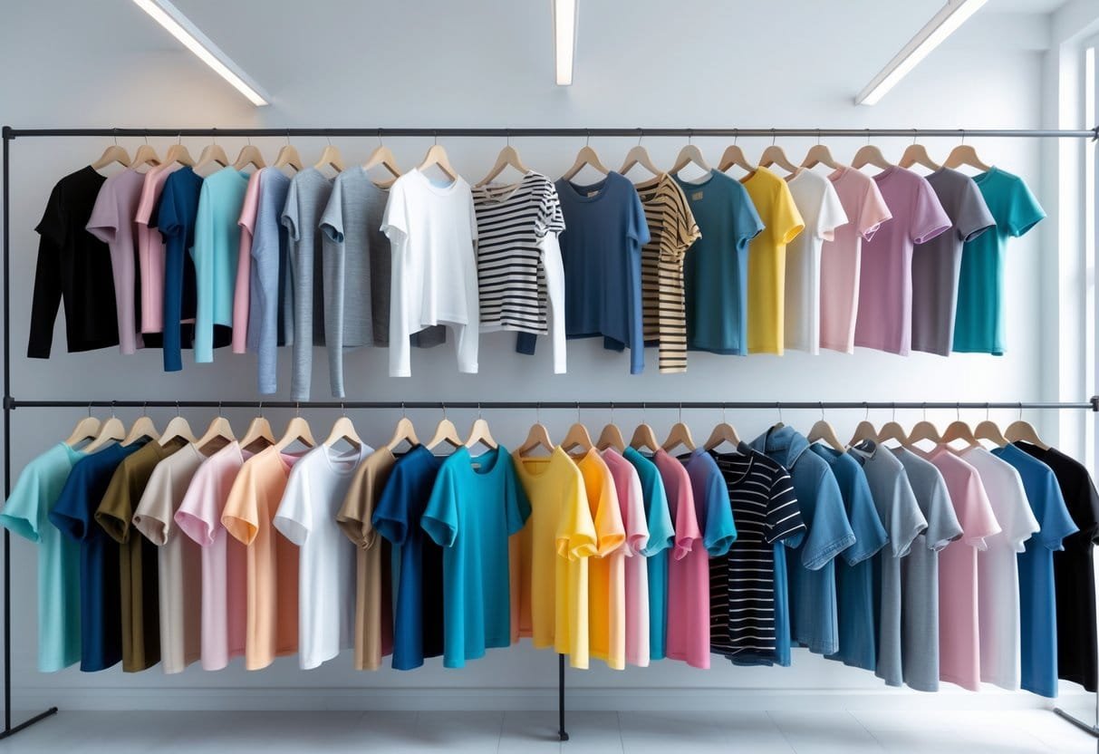 A display of various women's t-shirts on mannequins and hangers in a bright boutique, showing different styles and colors.