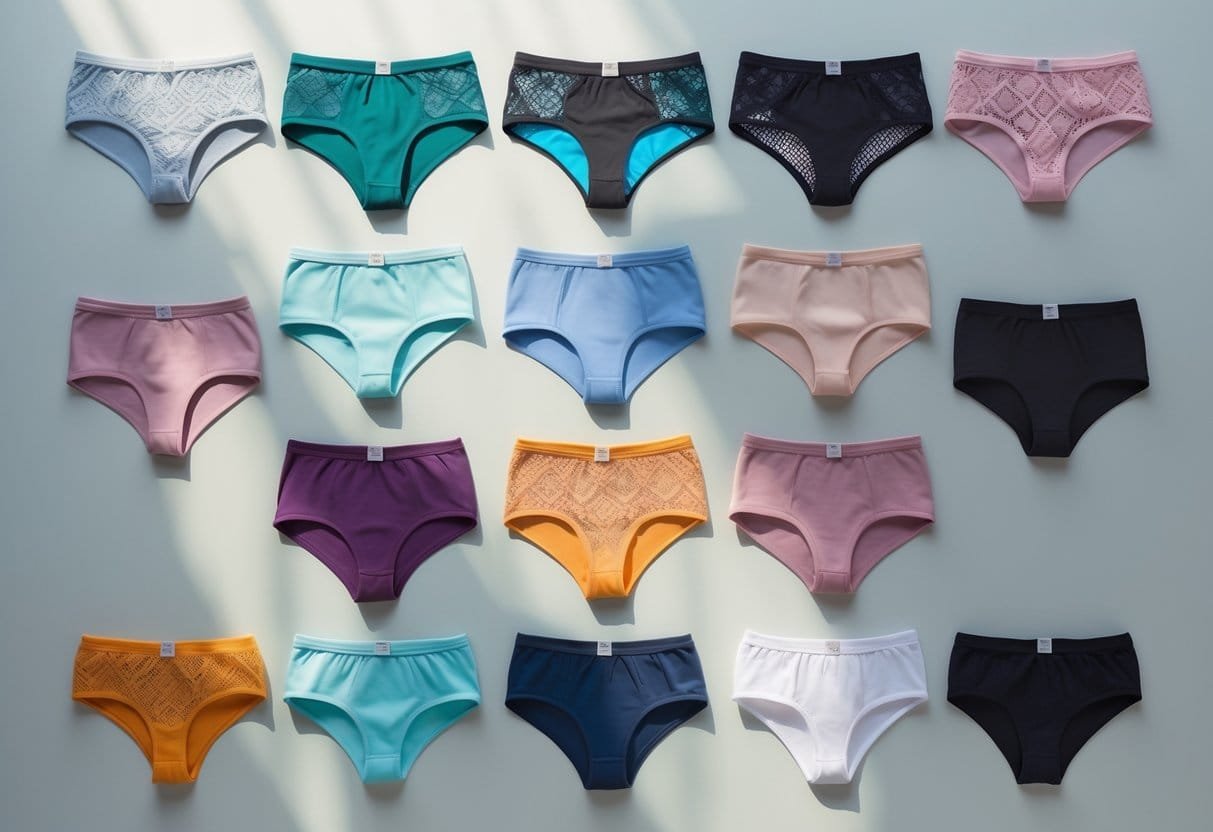 Flat lay of eleven different types of women's panties arranged neatly on a neutral surface.