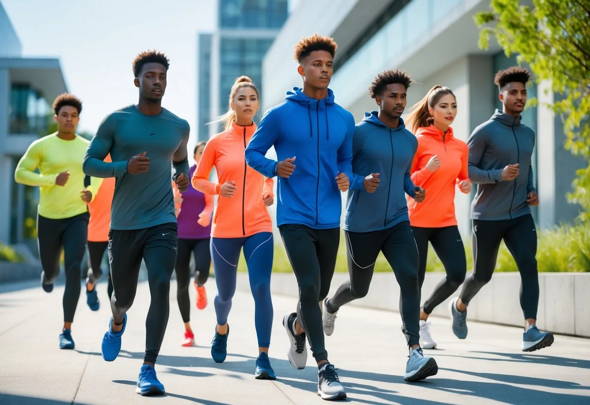 A group of young adults wearing modern sportswear in an urban outdoor setting, engaging in light physical activities.