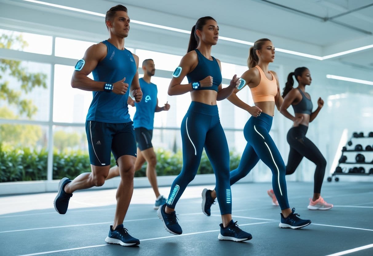 Athletes wearing advanced smart sportswear with wearable devices exercising outdoors and in a gym setting.