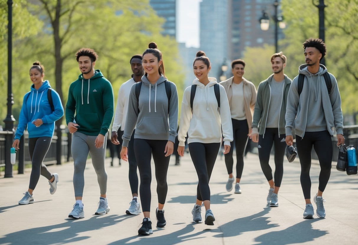 A group of young adults wearing stylish sportswear in a sunny urban park, engaging in casual activities like walking and stretching.