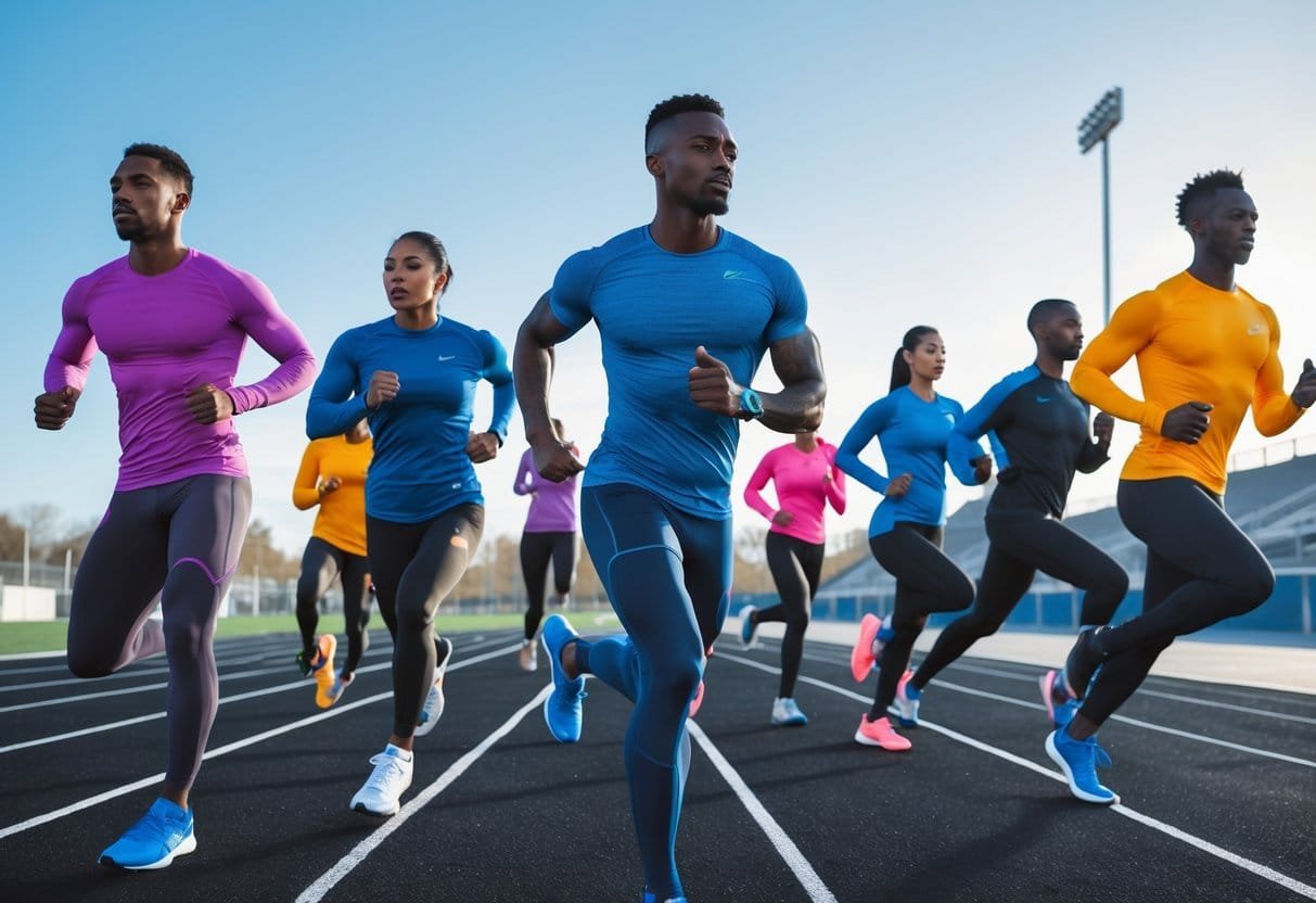 A group of athletes wearing compression sportswear are running and stretching outdoors on a sunny day at an athletic track.