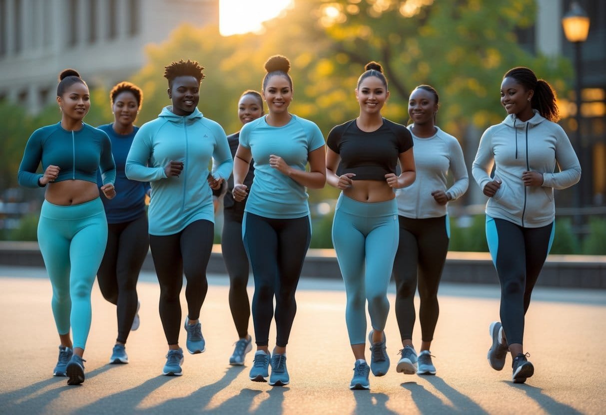 A diverse group of people wearing gender-neutral sportswear outdoors, engaging in light exercise and conversation in a city park.