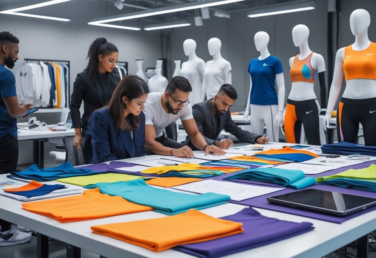 Designers collaborating in a sportswear studio surrounded by fabric swatches, sketches, and mannequins wearing athletic clothing.