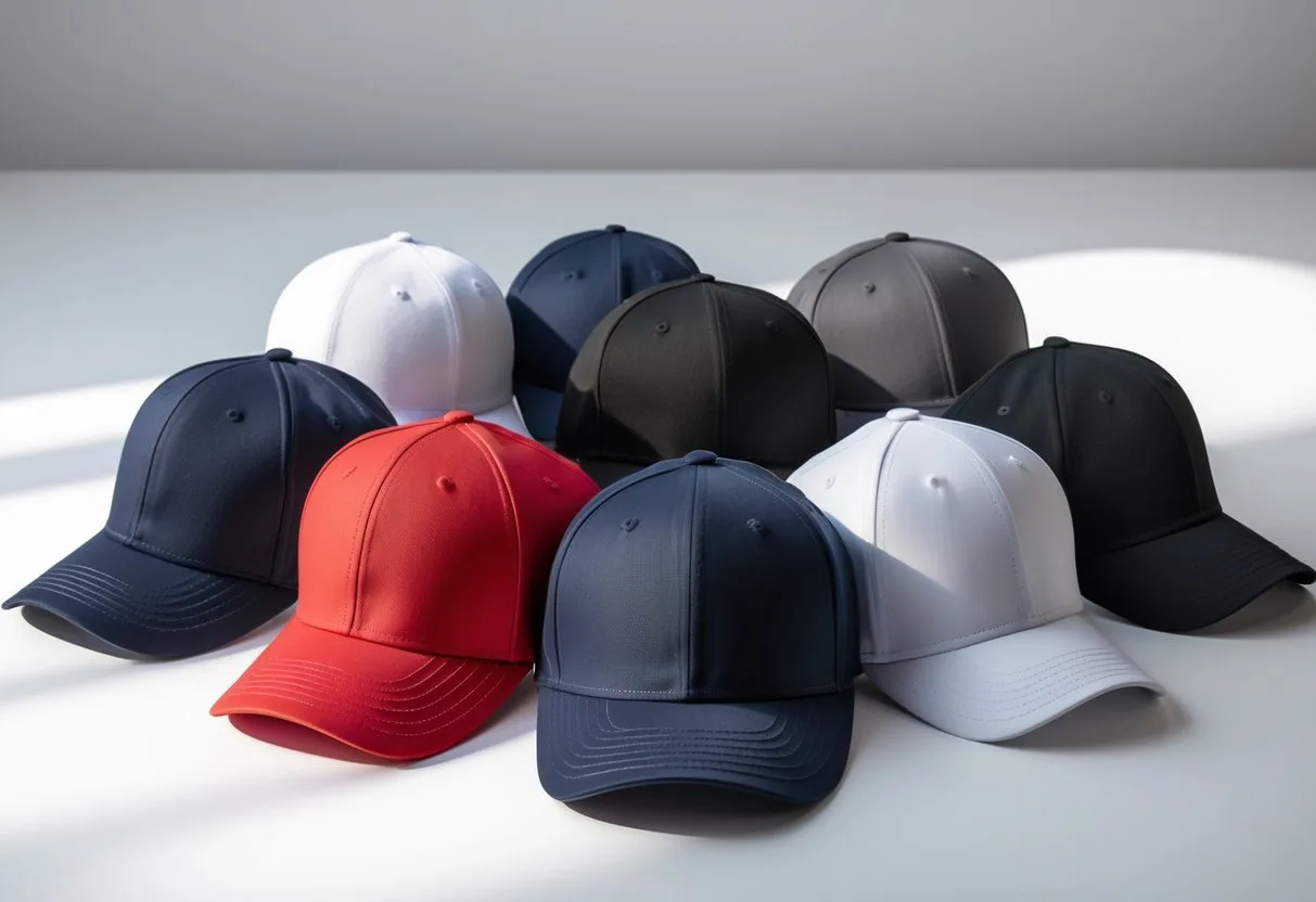 A collection of fitted baseball caps in various colors arranged on a white surface.