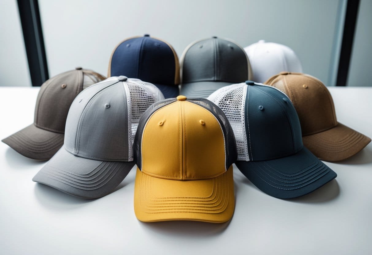 A variety of adjustable strapback baseball hats arranged on a white surface, showing different styles and strap types.