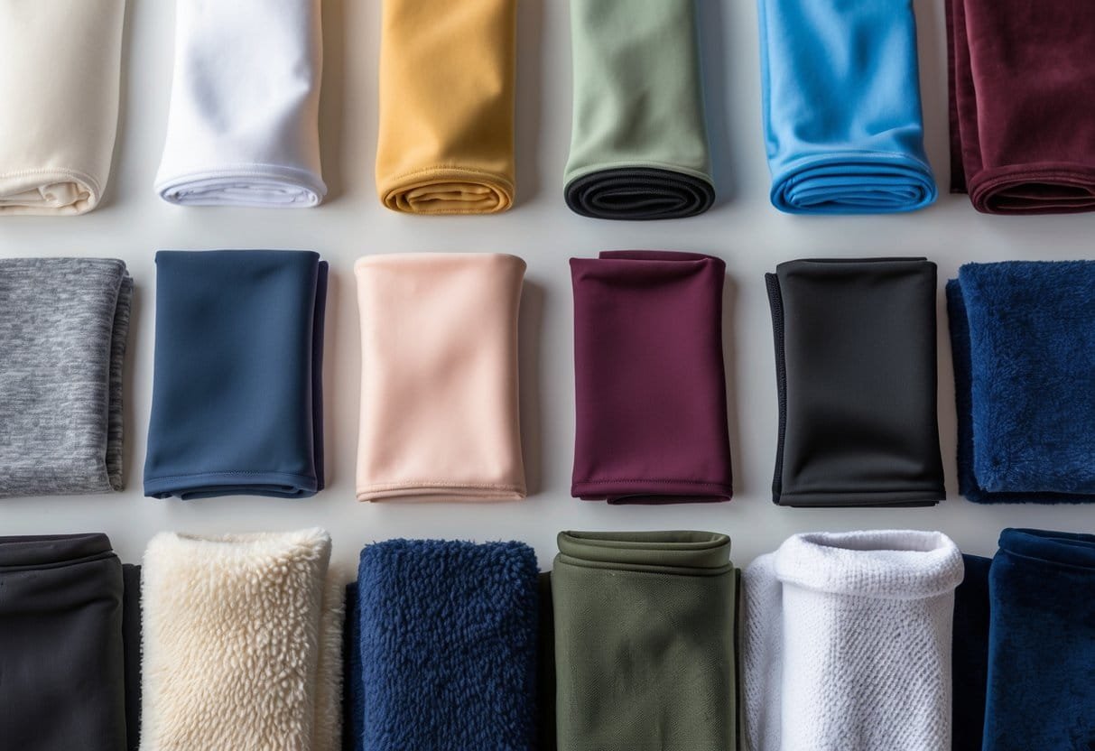 Twelve different tracksuit fabric samples arranged neatly on a neutral background, showing various textures and colors.