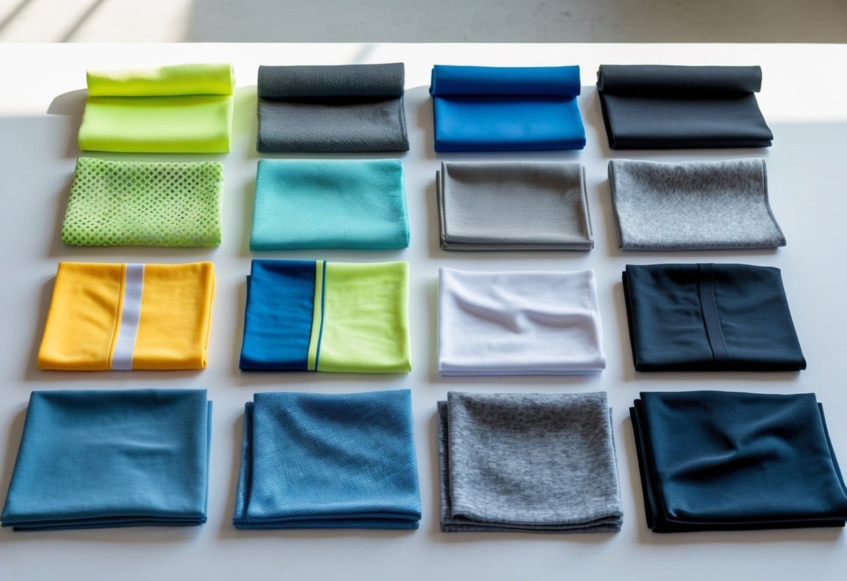 Twelve different tracksuit fabric samples arranged on a white table, showing various textures and colors.
