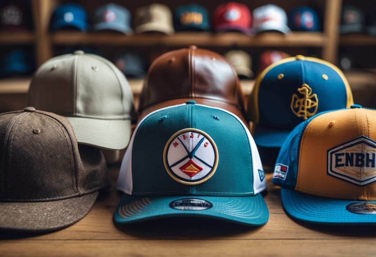 A collection of various baseball hats displayed on a wooden table, showing different styles and materials.