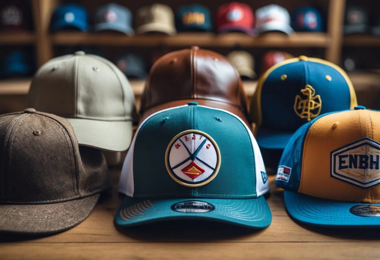 A collection of various baseball hats displayed on a wooden table, showing different styles and materials.