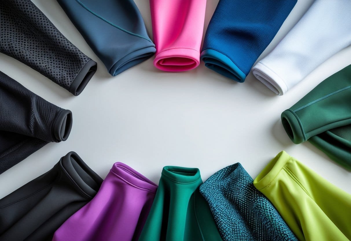 Twelve different tracksuit fabric samples arranged neatly on a bright surface, showing various textures and colors.