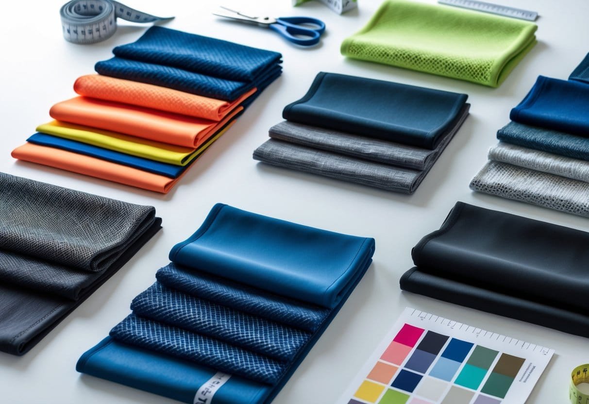 Twelve different tracksuit fabric samples arranged on a table showing various textures and colors with sewing tools nearby.