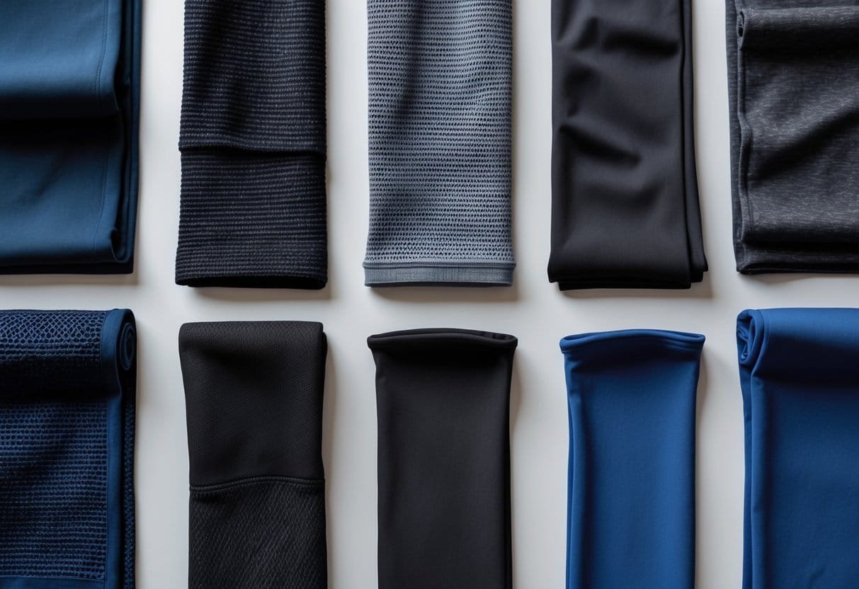 Twelve different tracksuit fabric samples arranged neatly on a neutral background, showing various textures and colors.