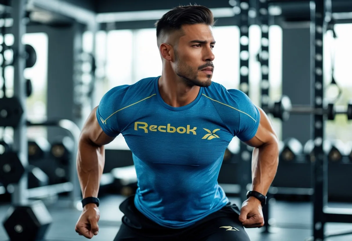 A fit man working out in a gym wearing a short-sleeve athletic T-shirt, performing an exercise with gym equipment in the background.