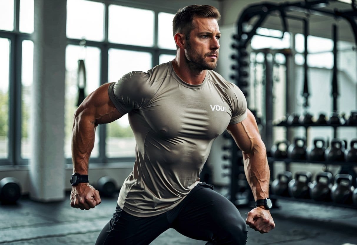 A fit man exercising in a gym wearing a performance t-shirt, surrounded by gym equipment.