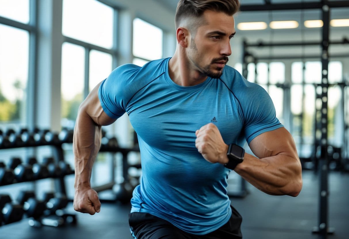A fit man exercising in a gym wearing a plain workout t-shirt, surrounded by gym equipment.