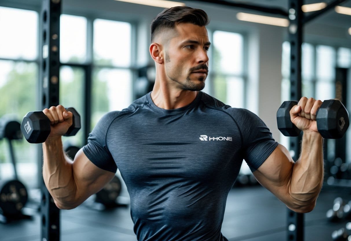 A man wearing a Rhone Element Tee is exercising with weights in a bright gym.