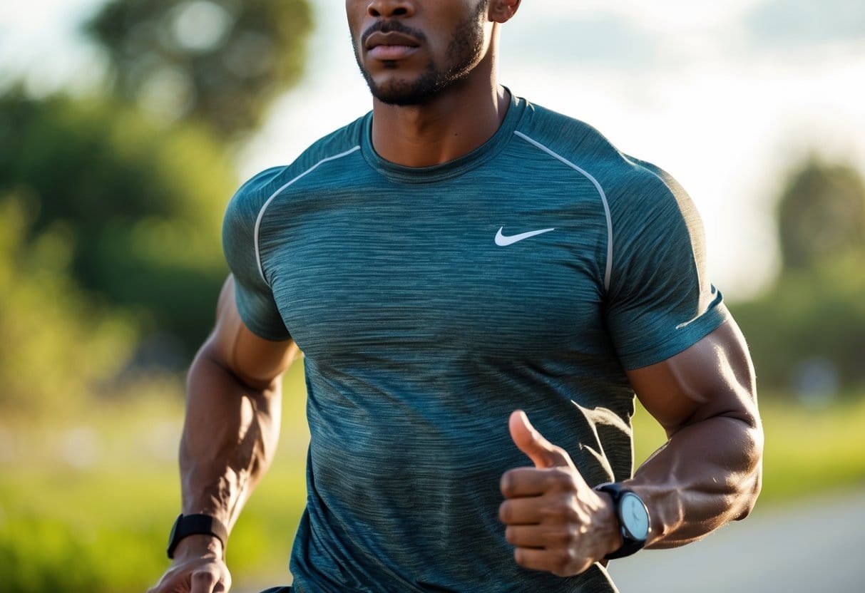 A fit man wearing a Nike Dri-FIT Legend Tee exercising outdoors in a natural setting.