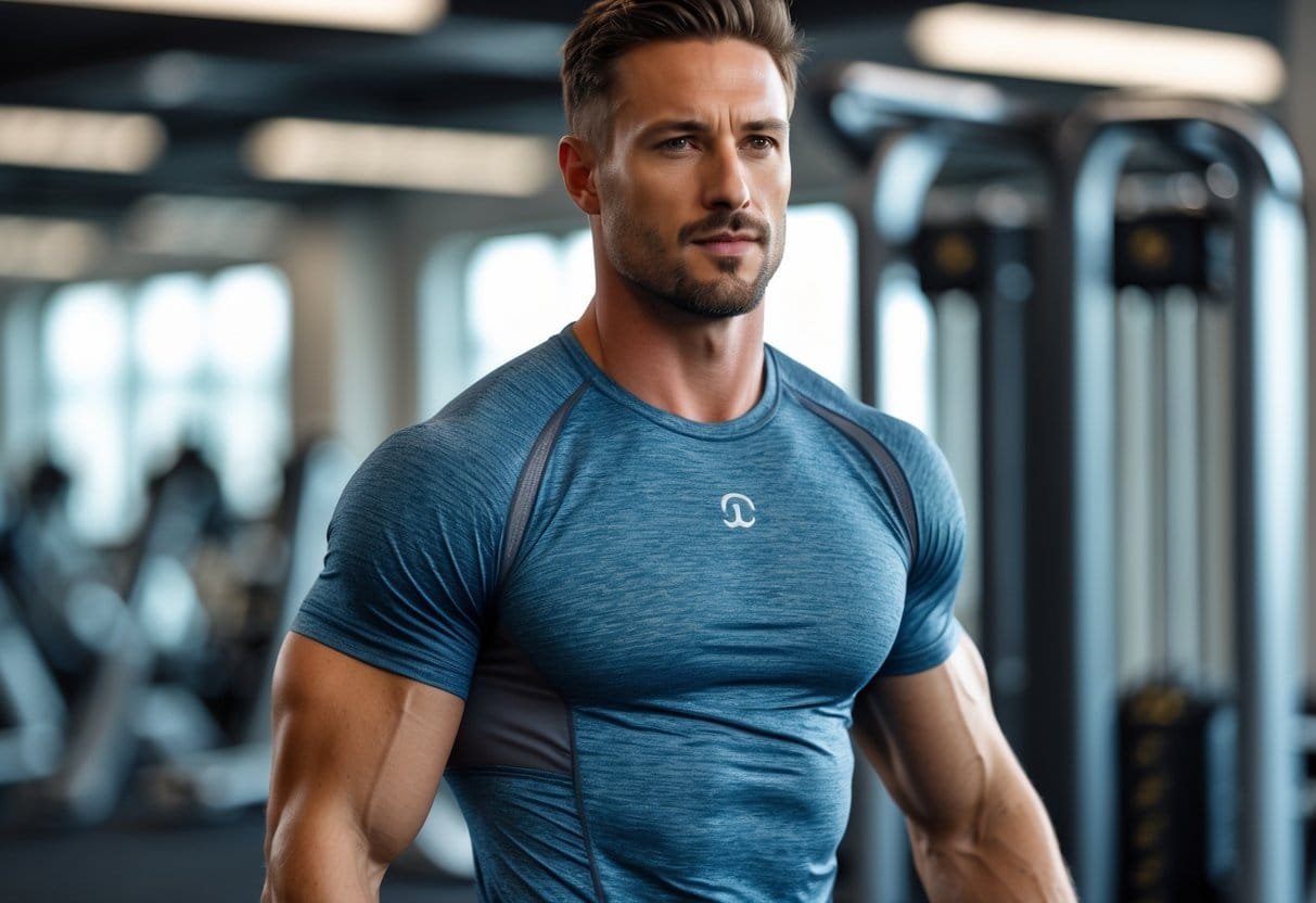 Athletic man exercising indoors wearing a fitted workout shirt in a gym.