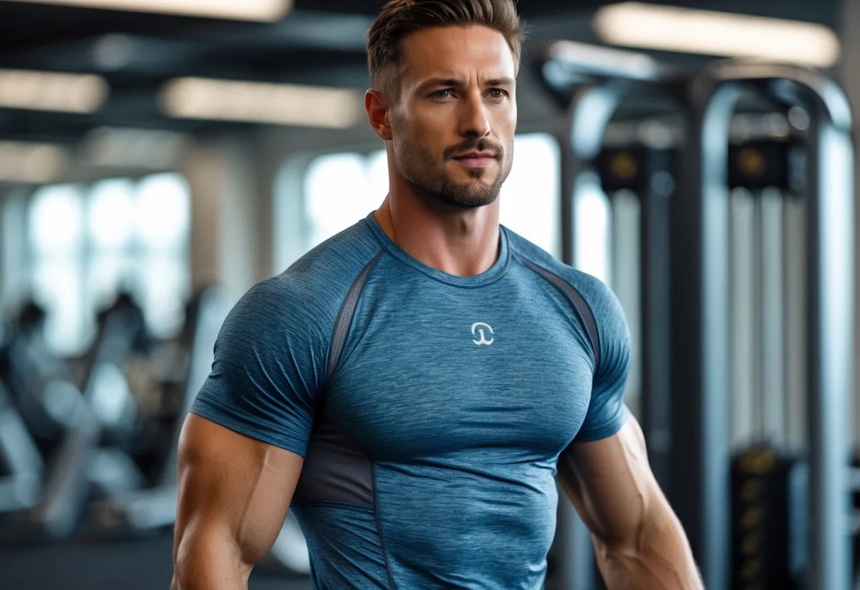 Athletic man exercising indoors wearing a fitted workout shirt in a gym.