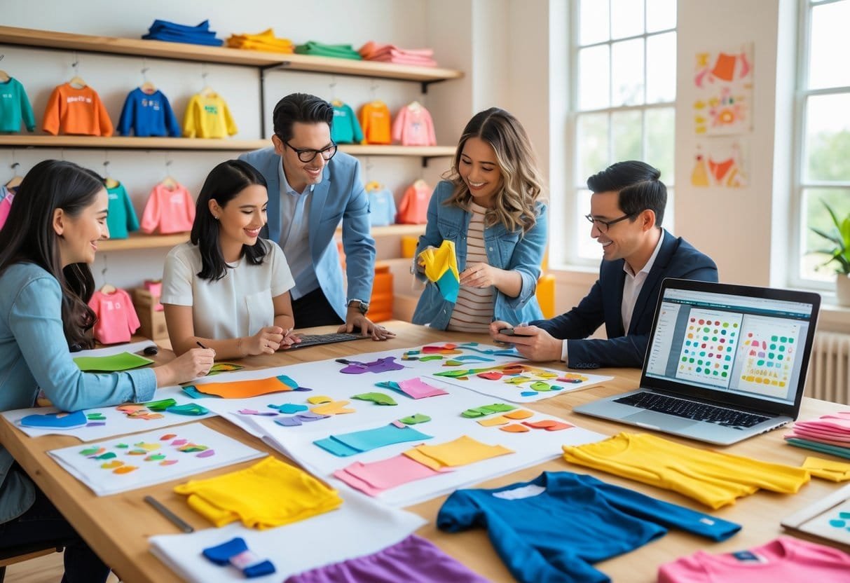 A group of people working together around a table with kids clothing designs, fabric samples, and a laptop in a bright room.