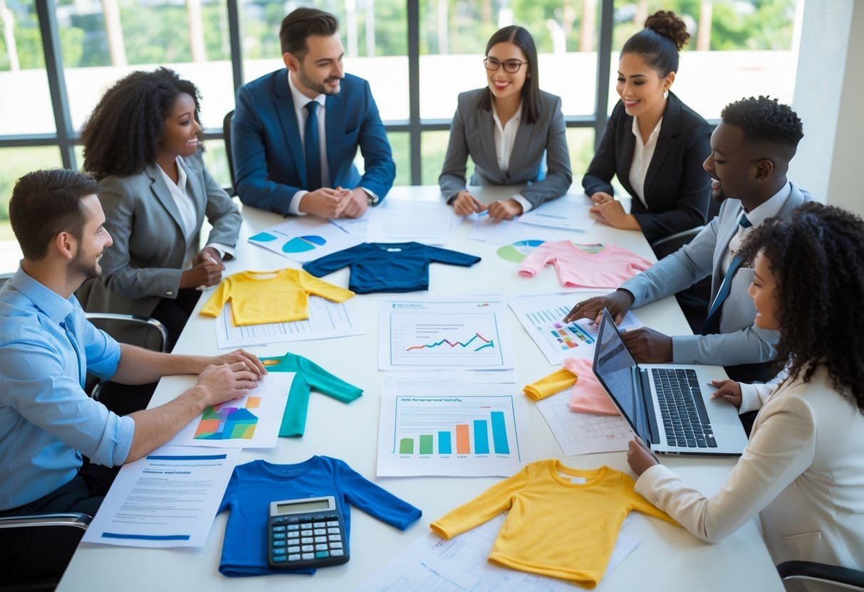 A group of professionals working together around a table with children's clothing samples and business documents in a bright office.