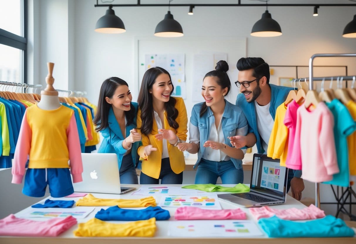 A group of young entrepreneurs working together in a bright studio with kids wearing colorful clothing from a new kids fashion line.
