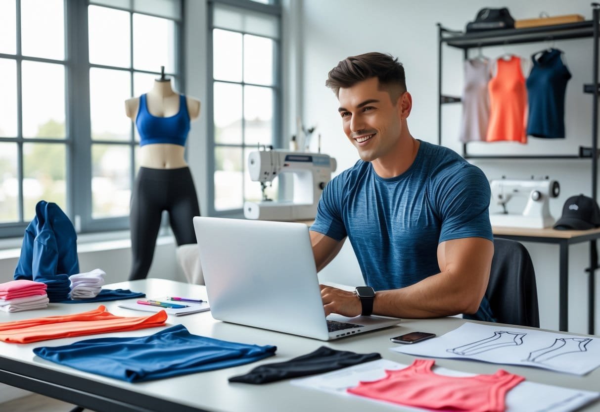 A person working at a desk with a laptop, fabric samples, and sketches of fitness clothing in a bright, organized workspace.