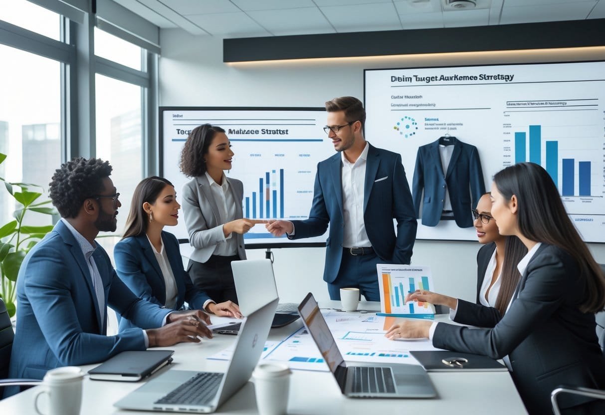 A group of people in an office discussing fashion marketing strategies with charts and clothing samples on the table.