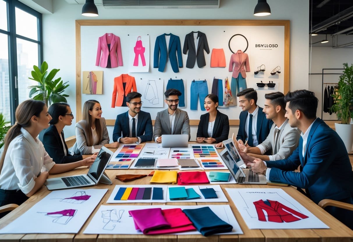 A group of people working together at a table with fashion sketches, fabric samples, and digital devices in a bright office.