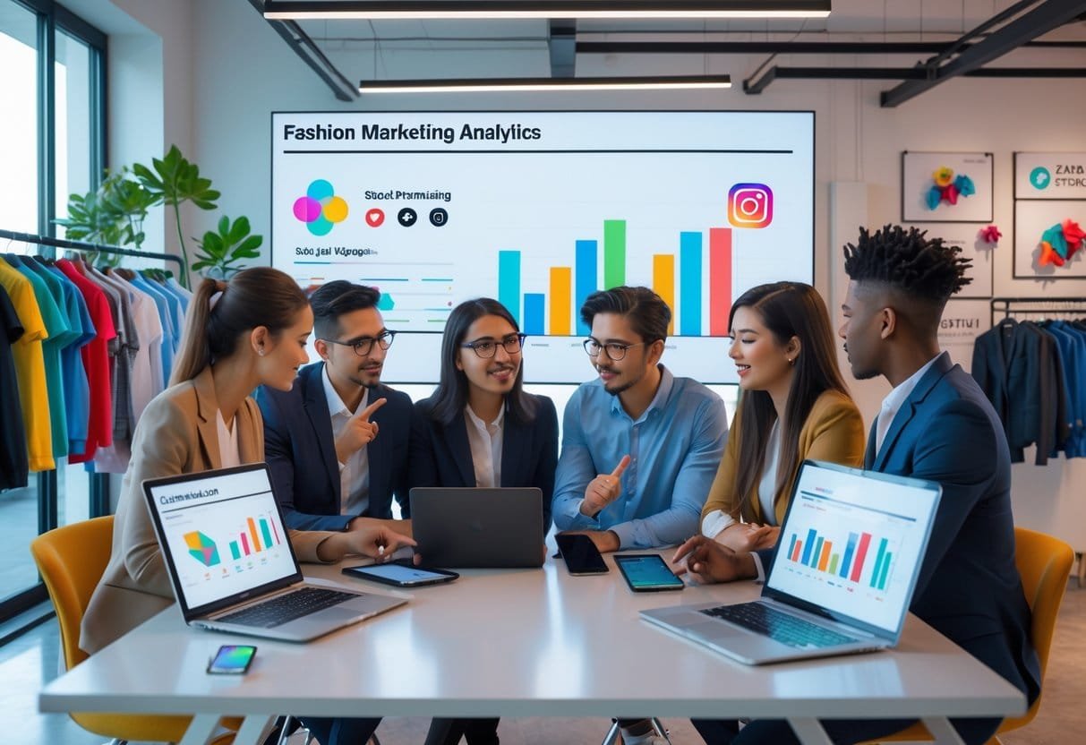 A diverse team of marketing professionals collaborating around a table with laptops and devices in a bright room with clothing racks and a large screen showing social media data.