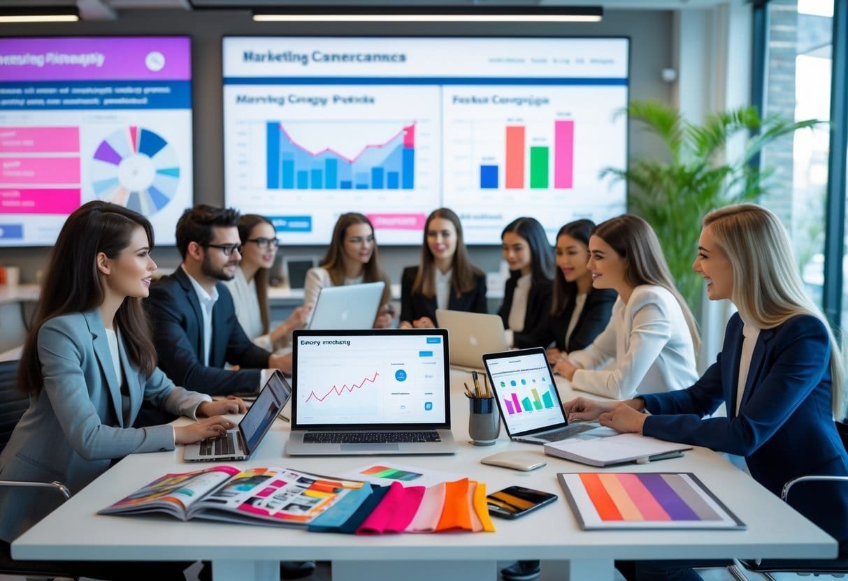 A group of professionals working together around a table with laptops and fashion materials in a bright office.