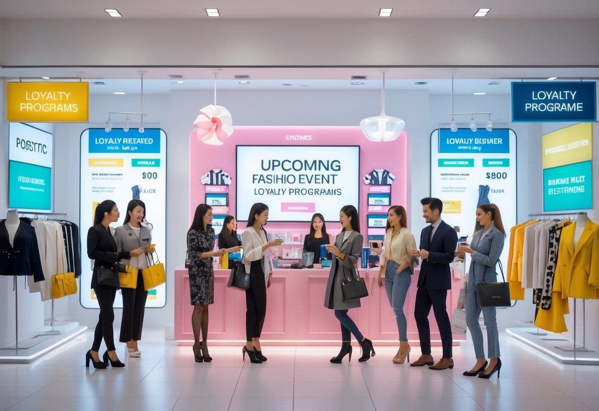 A fashion boutique with customers shopping and staff assisting near promotional displays and a digital screen announcing an event.