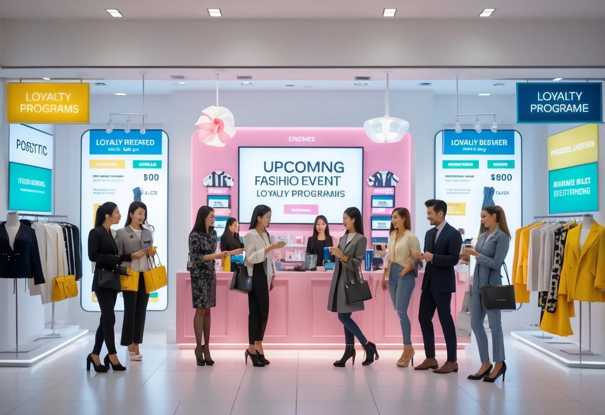 A fashion boutique with customers shopping and staff assisting near promotional displays and a digital screen announcing an event.