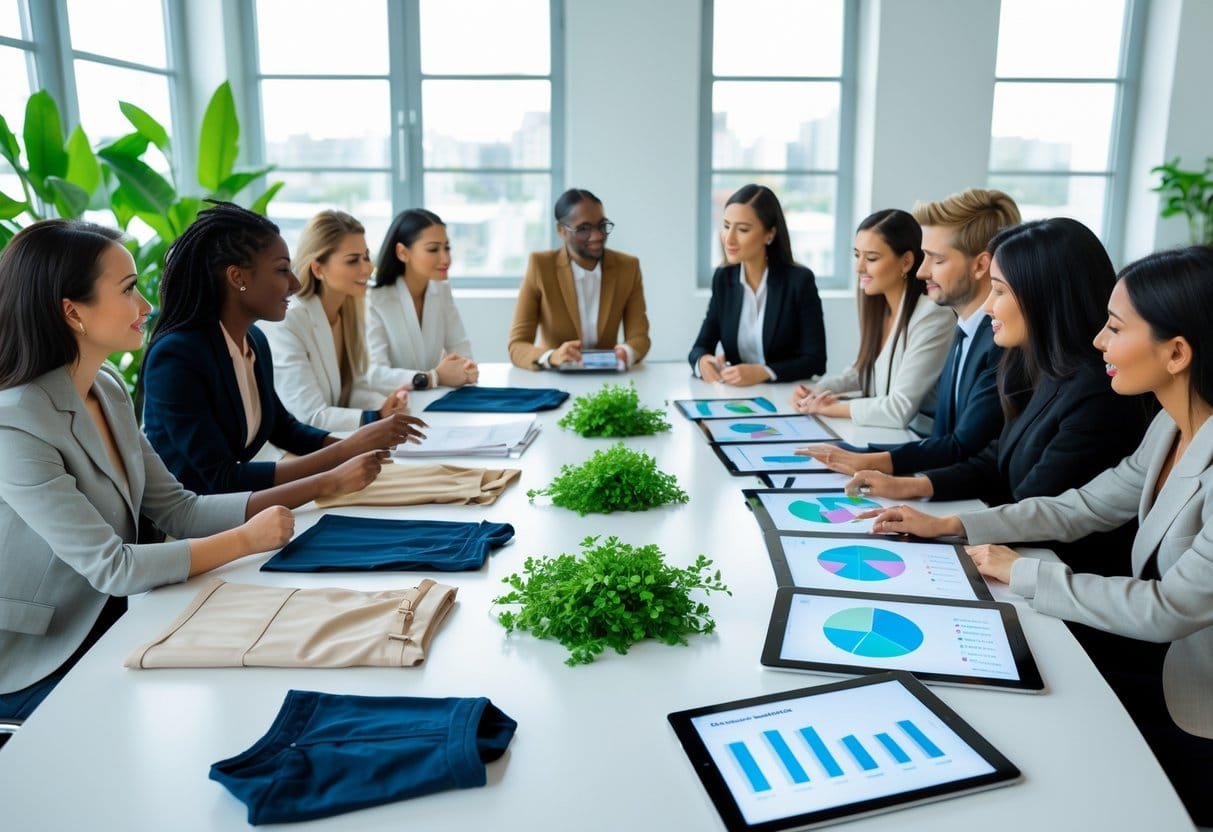 A group of fashion professionals discussing sustainable clothing samples and marketing strategies around a conference table in a bright office.