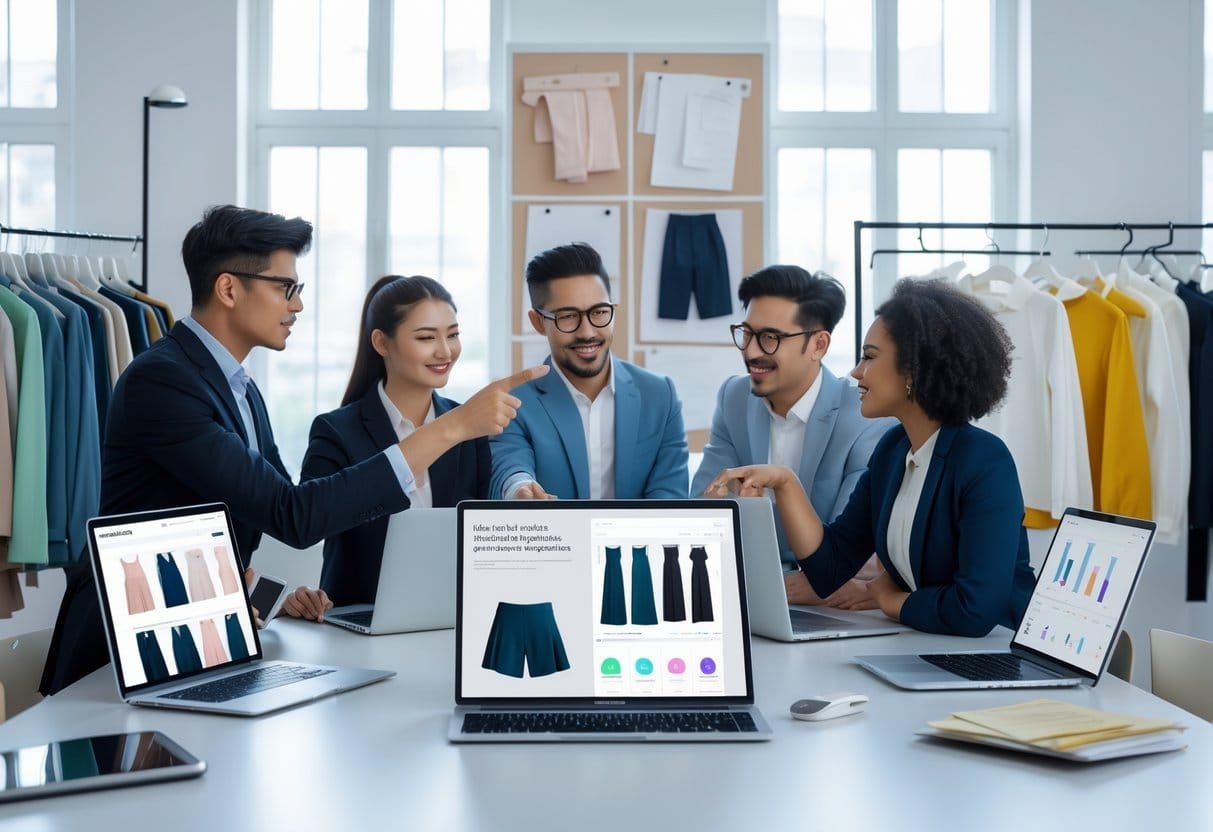 A diverse team of professionals collaborating in a modern office with laptops and fashion clothing racks, discussing marketing strategies.