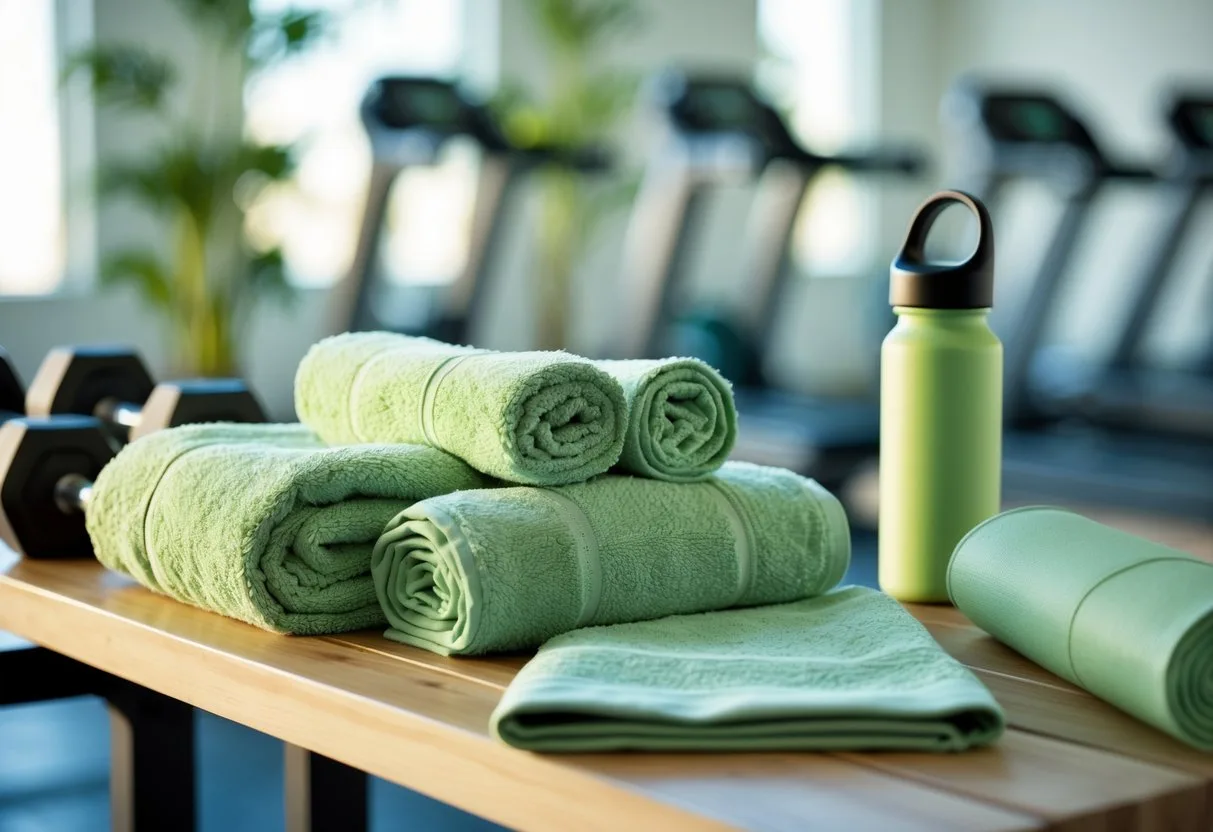A set of bamboo fiber gym towels displayed on a wooden bench with gym equipment in the background.