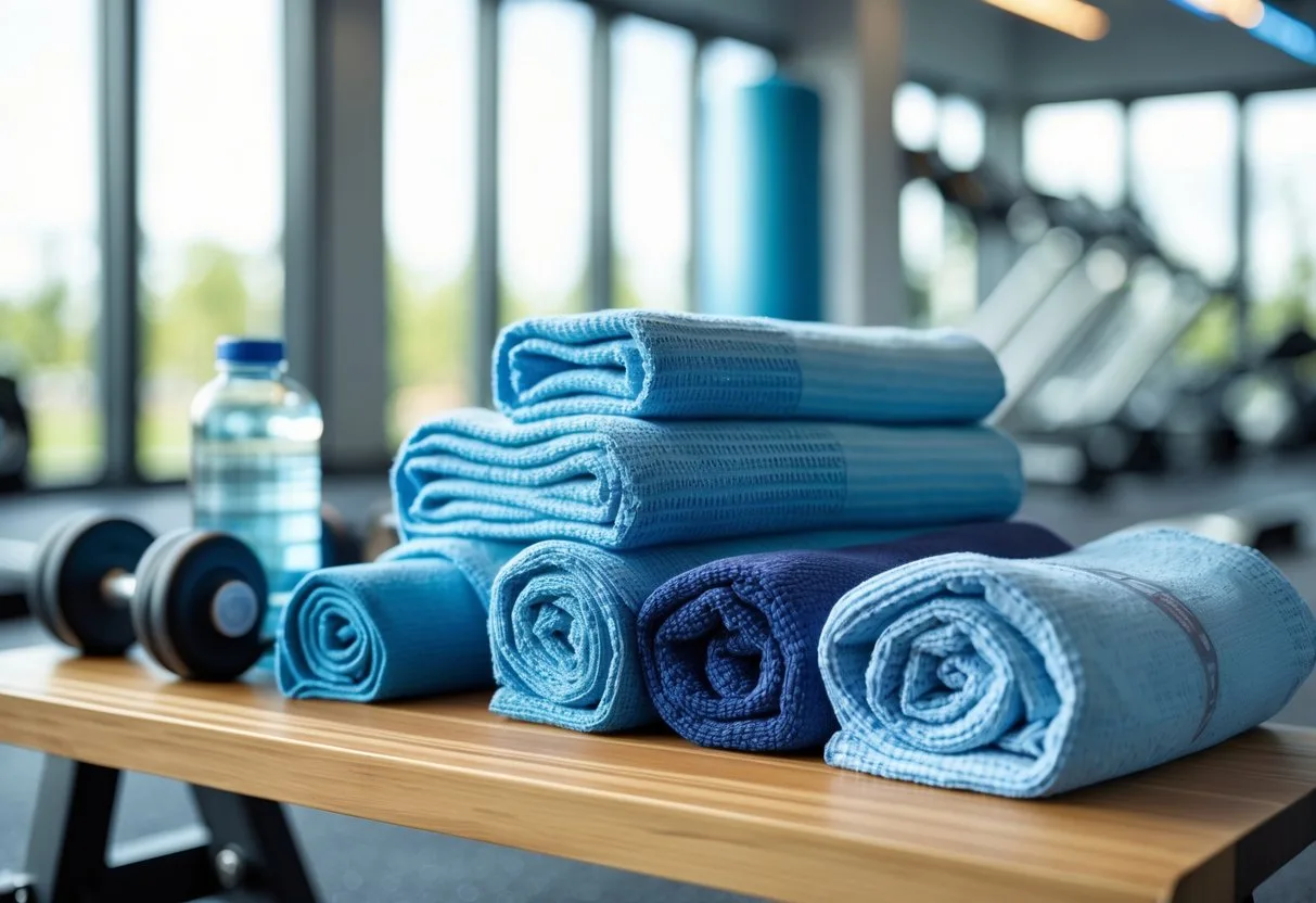 A collection of cooling gym towels displayed on a bench in a bright gym with workout equipment in the background.