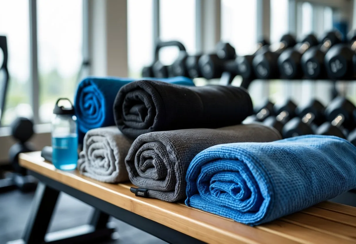 A variety of colorful gym towels neatly placed on a wooden bench inside a bright gym with workout equipment in the background.