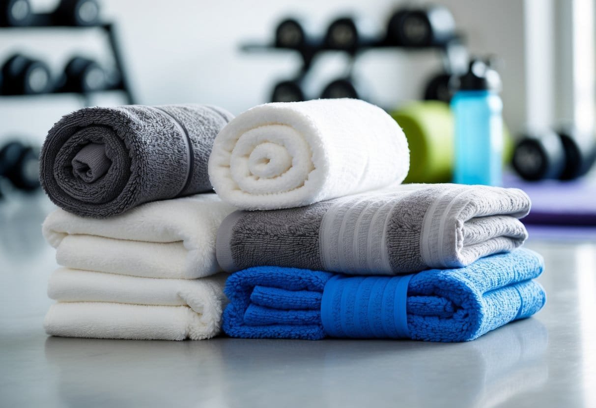 Stack of large absorbent gym towels arranged near gym equipment in a bright workout space.