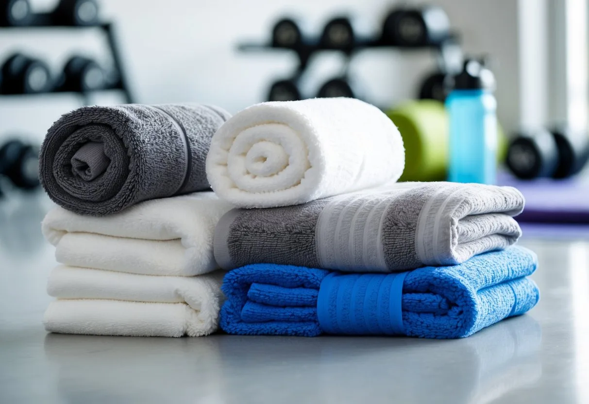 Stack of large absorbent gym towels arranged near gym equipment in a bright workout space.